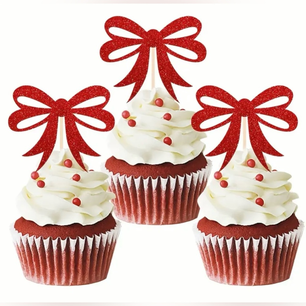 Set of 12 cupcake christmas red bow toppers